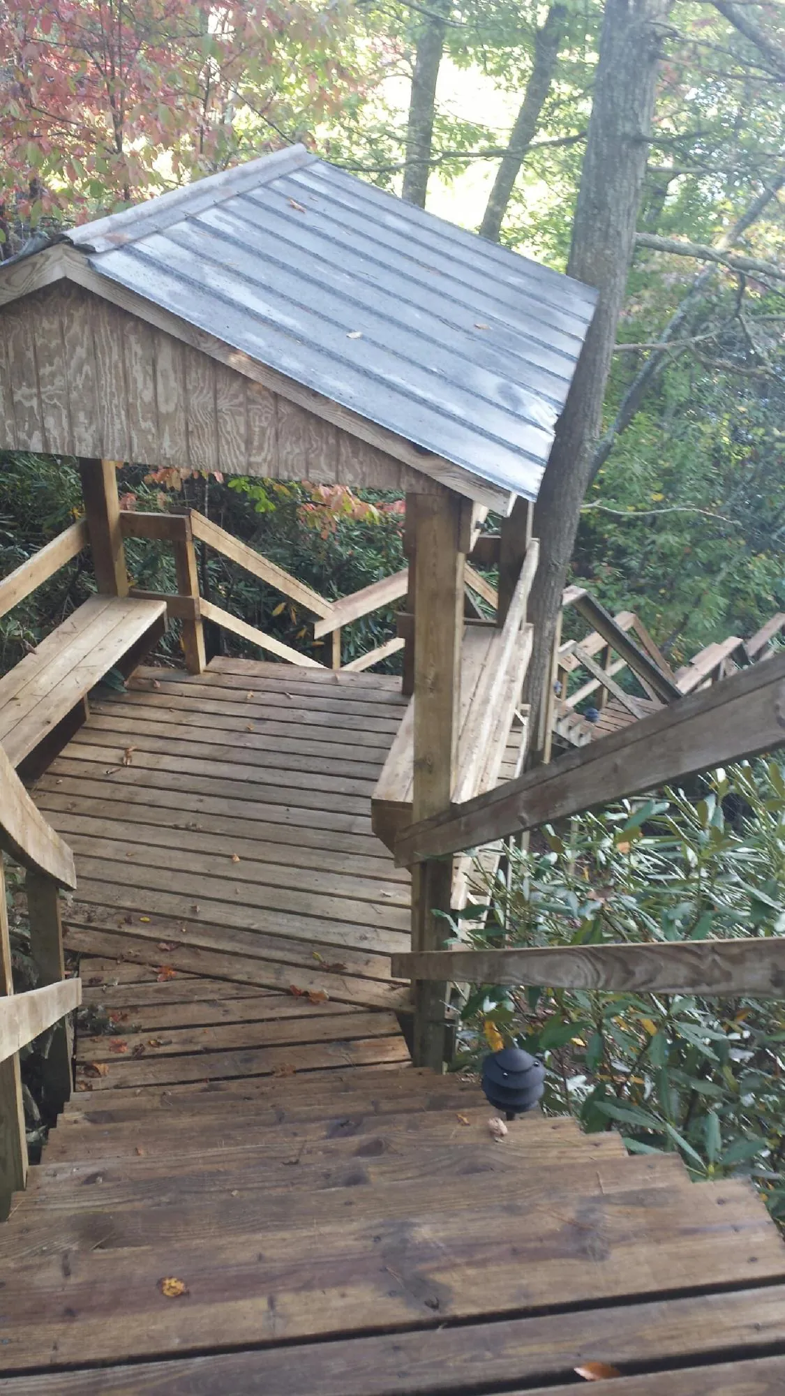 Metal roofed shelter over wooden steps on a wooded walkway — Skylight Repair & Installation work by our crew in Raynham